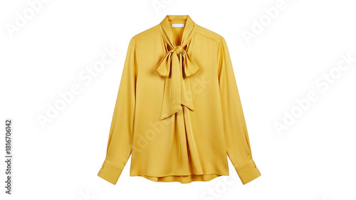 A mustard-yellow, long-sleeved silk blouse with a large tie at the neckline