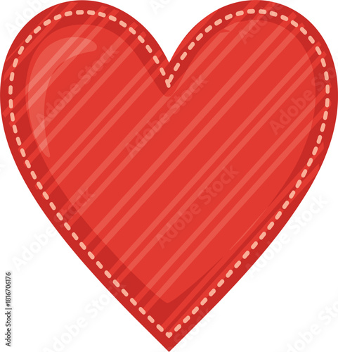 Red heart shape patch vector illustration with dashed stitching and striped texture, love, romance, Valentine's Day, and embroidered appliqué design element