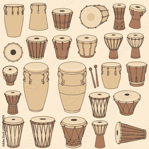 A collection of various traditional and ethnic percussion instruments and drums in different shapes and sizes, showcasing diverse cultural musical tools.