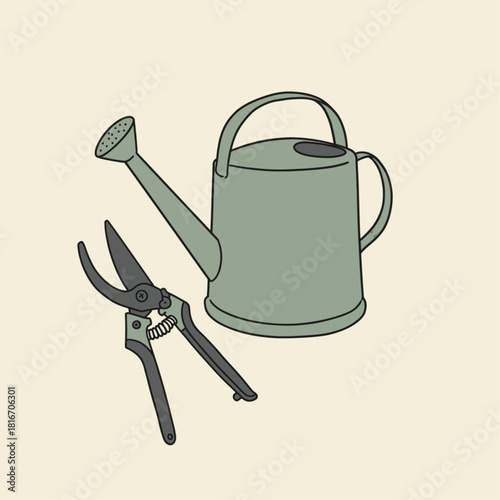 A simple illustration of gardening tools, featuring a green watering can and black pruning shears on a light background.