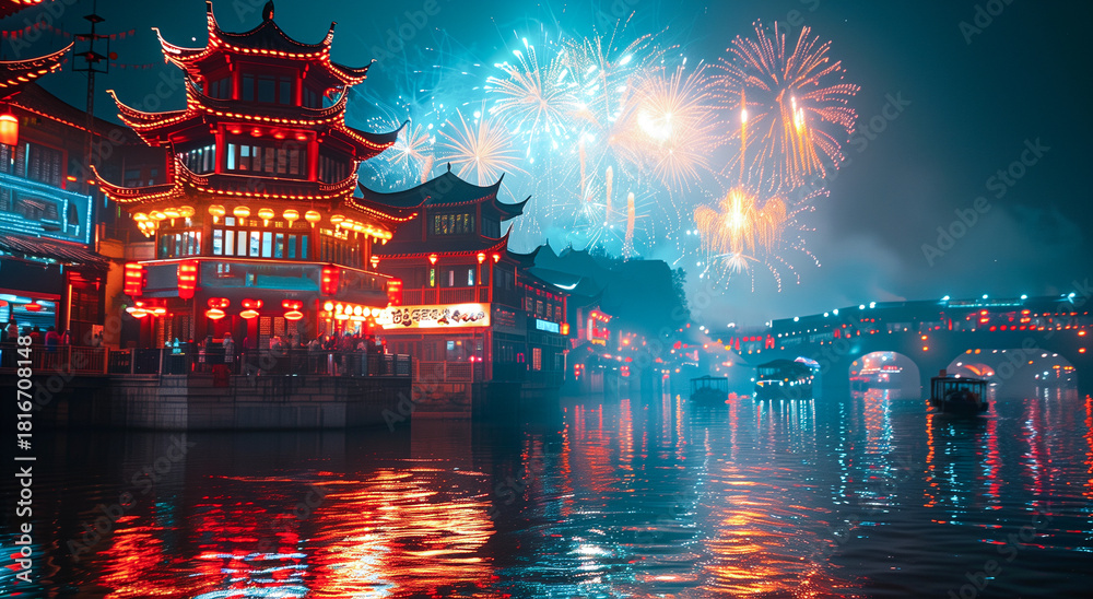 Fototapeta premium Traditional asian cityscape illuminated by fireworks over water at night