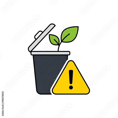 Trash bin with leaf and caution sign promoting eco waste awareness.