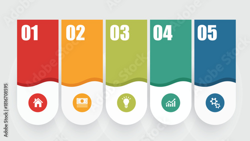 Colorful infographic template with five steps and icons, isolated on white background
