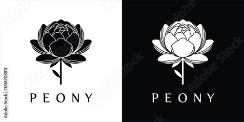 Sleek and elegant peony flower logo design in striking black and white for sophisticated branding