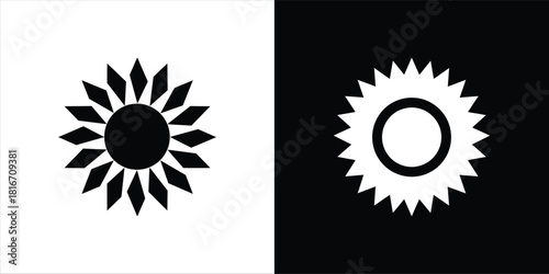Radiant sunburst icons representing light and shadow contrast for modern graphic design elements and user interfaces