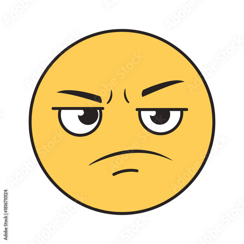 Vector illustration of an angry yellow emoji face with a furious and grumpy expression on a white background