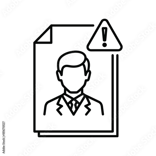 Outline icon of a document featuring a persons profile with a warning or alert symbol, isolated on