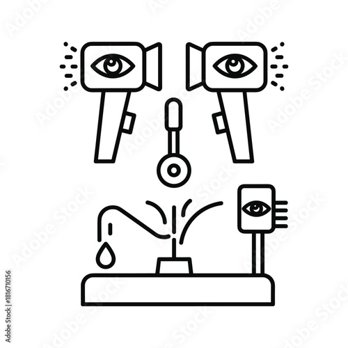 Outline icon set representing eye examination equipment, including ophthalmoscopes, slit lamp, and eye wash station isolated on