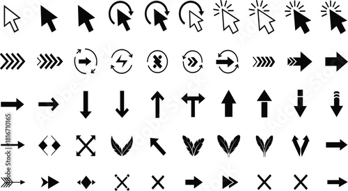 Mega Set of Black Arrow, Cursor, and Direction Icons Vector Illustration