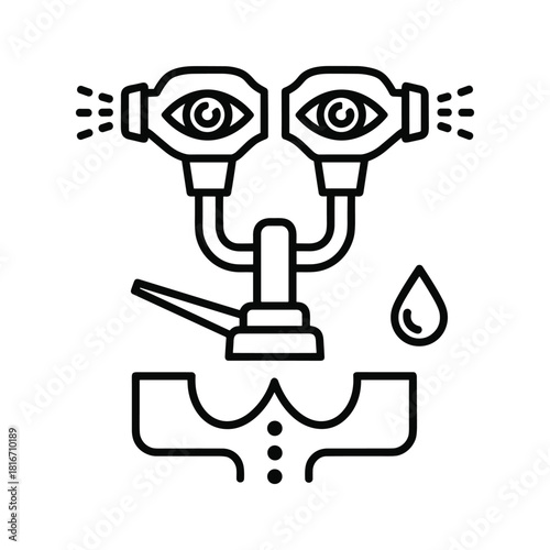 Line icon of an emergency eyewash station with two eye wash nozzles spraying water, isolated on