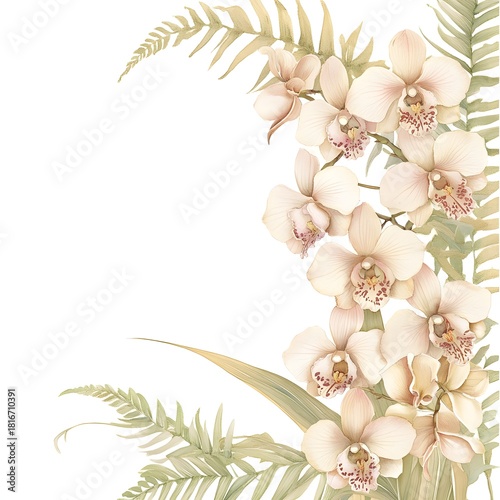 Delicate watercolor illustration features a cascade of pale beige orchids framed by soft green fern fronds