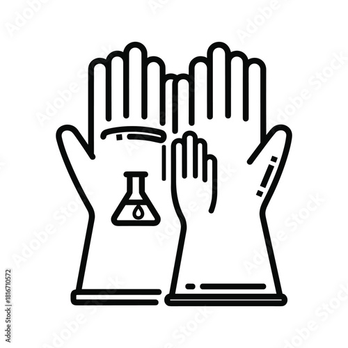 Outline icon of protective rubber gloves with a chemical flask symbol, isolated on