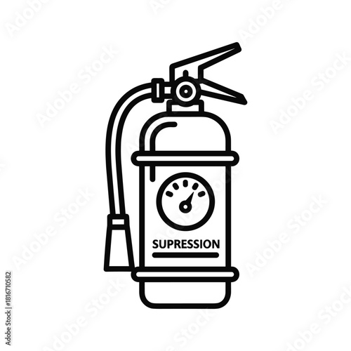Outline icon of a fire extinguisher with a pressure gauge labeled suppression, isolated on