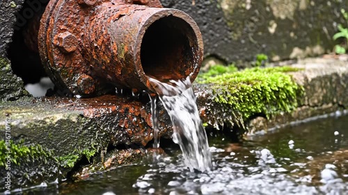 Close-up of rusty pipe discharging water into a small body of water, moss growing around