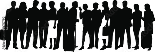 Silhouette group of business professionals standing with luggage and briefcases, representing travel, corporate teamwork, communication and office concepts