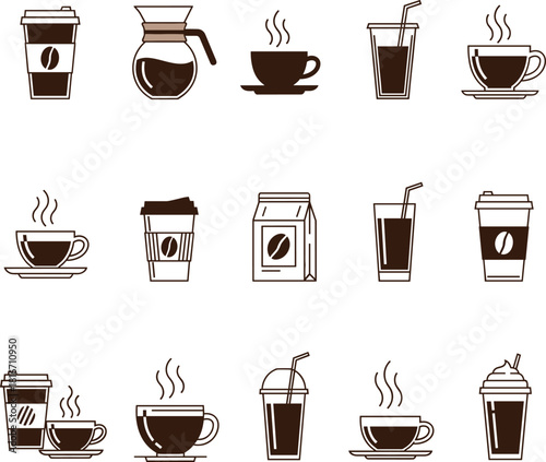 Set of Minimal Black and Brown Coffee and Cafe Outline Icons Vector Illustration