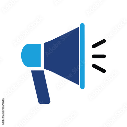 Blue and dark blue megaphone icon with sound waves