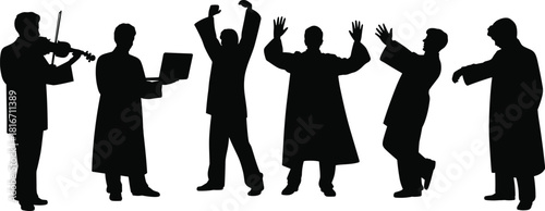 Silhouette group of people in various poses including musician, worker and performers, perfect for design elements, presentations and creative projects