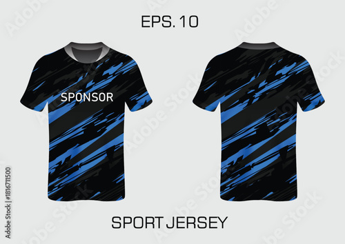 Dynamic Sport Jersey Design Featuring Blue and Black Color Scheme with Sponsor Placement