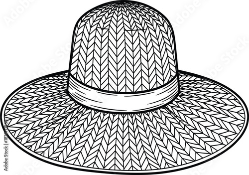 Wide-brimmed straw hat black and white vector illustration, woven texture, summer sun protection headwear, beach fashion, and gardening accessory graphic