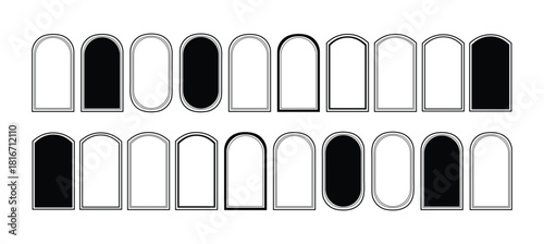 Islamic window and door designs, along with Arab and Muslim mosque shapes. Ramadan or Al-Adha golden decoration, holiday frames.
