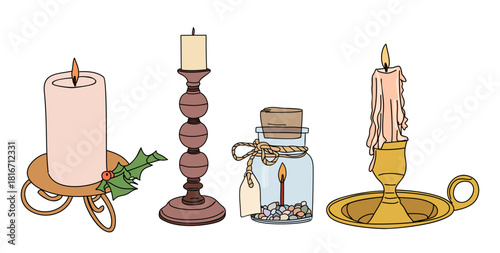 Hand-drawn set of decorative candles featuring vintage holders, a glass jar candle, and soft pastel tones. Cozy sketch style with clean lines and a warm, rustic aesthetic.