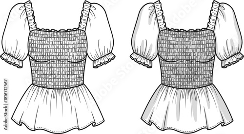 Women's square neck blouse technical flat sketch vector, puff sleeve top with smocked bodice and peplum hem, apparel design template for fashion mockup