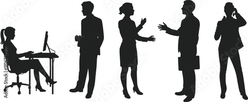 Silhouette set of business people working, discussing, presenting and communicating in office environment for corporate, teamwork and professional concepts