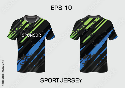 Striped Sport Jersey Design with Bold Color Blocks and Sponsor Text for Team Wear
