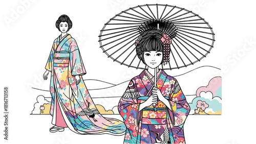 Girl with Paper Umbrella and Graceful Woman in Kimono – Elegant Colorful Line Art
