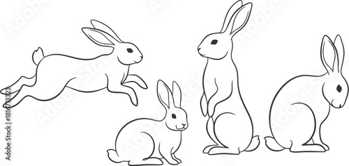 Whimsical line drawing of four playful rabbits in motion