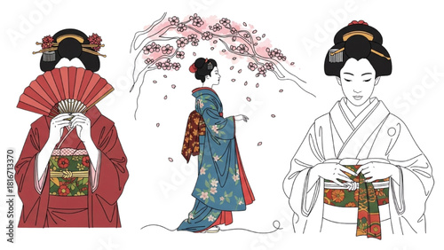 Kimono Girls and Geisha Line Art with Fan, Cherry Blossoms, and Traditional Aesthetics