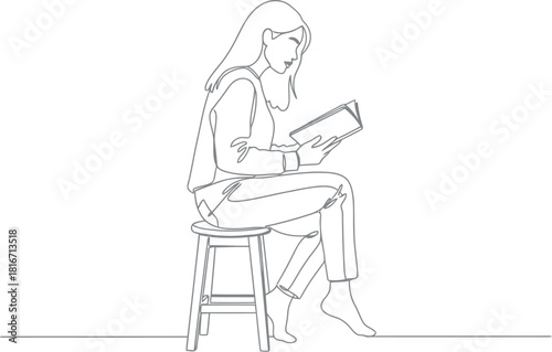 Woman sitting on a stool reading a book line drawing