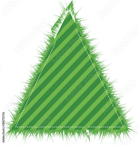 Green geometric triangle vector frame with grassy fuzzy texture and diagonal stripes, nature background, playful label, or decorative banner design element