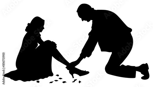 Silhouette of man helping woman with shoe romantic moment art
