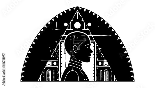 Ai robot illustration black and white futuristic technology