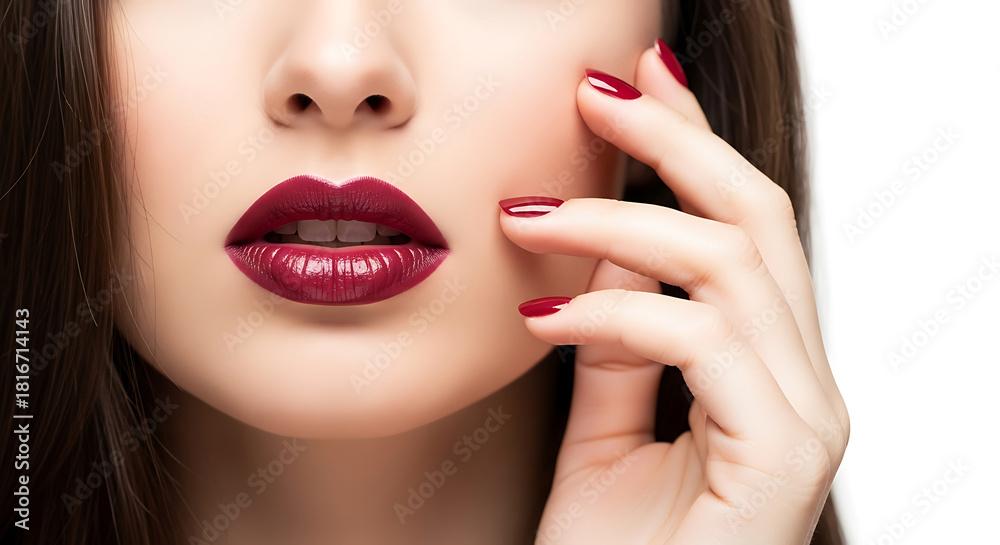 Obraz premium Woman with glossy dark red lips and matching nails