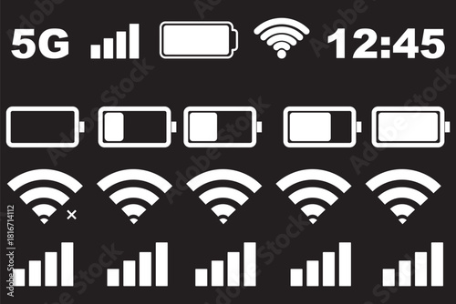 Smartphone status bar. Mobile phone 5g network and battery status icons. Transparent PNG and vector illustration.