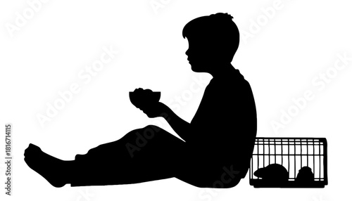 Silhouette of boy feeding pets in cage black and white image