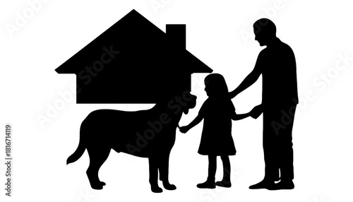 Family home silhouette with dog child and father illustration
