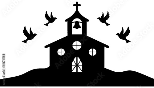 Church silhouette with doves vector graphic religious art