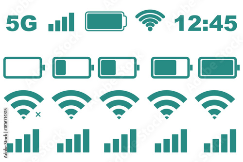 Smartphone status bar. Mobile phone 5g network and battery status icons. Transparent PNG and vector illustration.