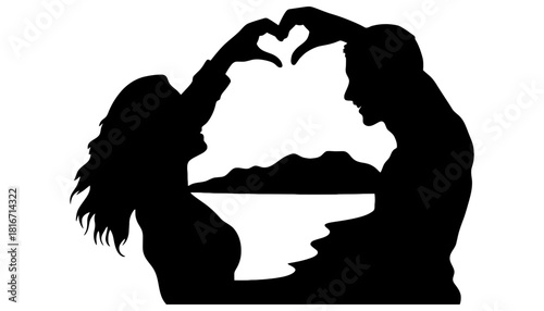 Silhouette couple making heart shape love romantic relationship