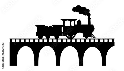 Steam train silhouette on bridge vector illustration art