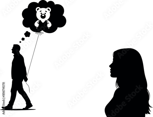Man walking while thinking of a teddy bear woman observing