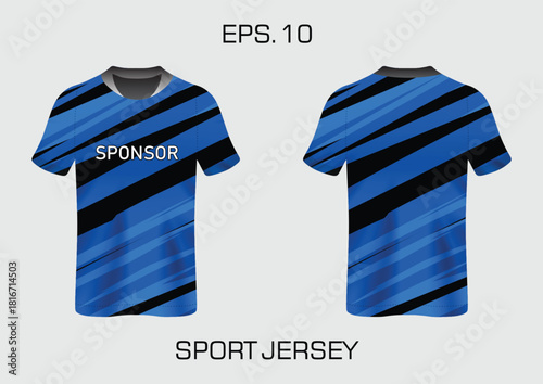 Blue Sport Jersey Design with Stripes and Sponsor Label for Team Apparel Use