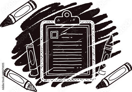 Doodle art of a clipboard surrounded by crayons and scribbles
