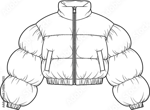 Cropped puffer jacket technical flat sketch vector, exaggerated oversized silhouette, padded coat with zipper and high collar, outerwear apparel design template