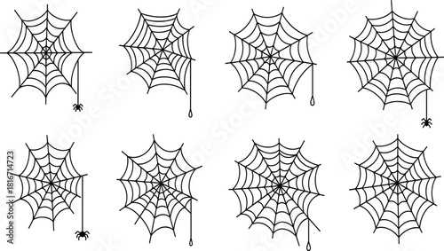 Halloween spider web vector set, spooky cobweb collection with hanging spiders, black line art net design, scary insect trap illustration, isolated background.