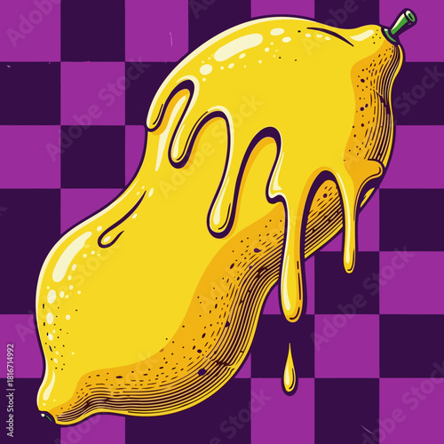 Pop Art Fruit Drizzled with Golden Honey or Syrup on Geometric Background